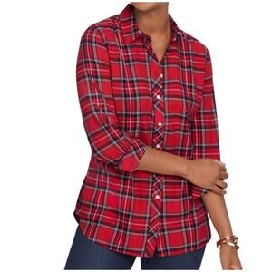 Talbots Womens Long Sleeve Red Cheerful Plaid Shirt Tail Top Size S